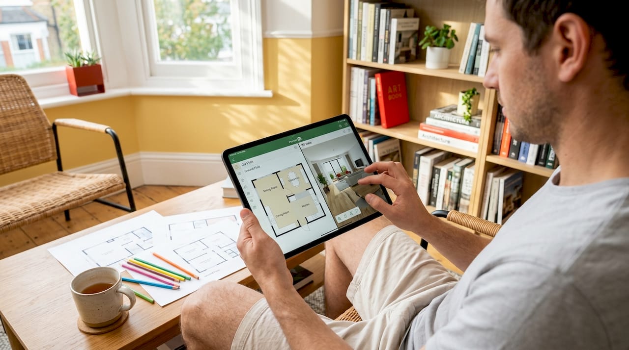 Man editing interior design plan on tablet