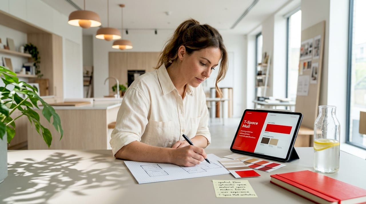 Manager sketching layouts and referencing brand guide