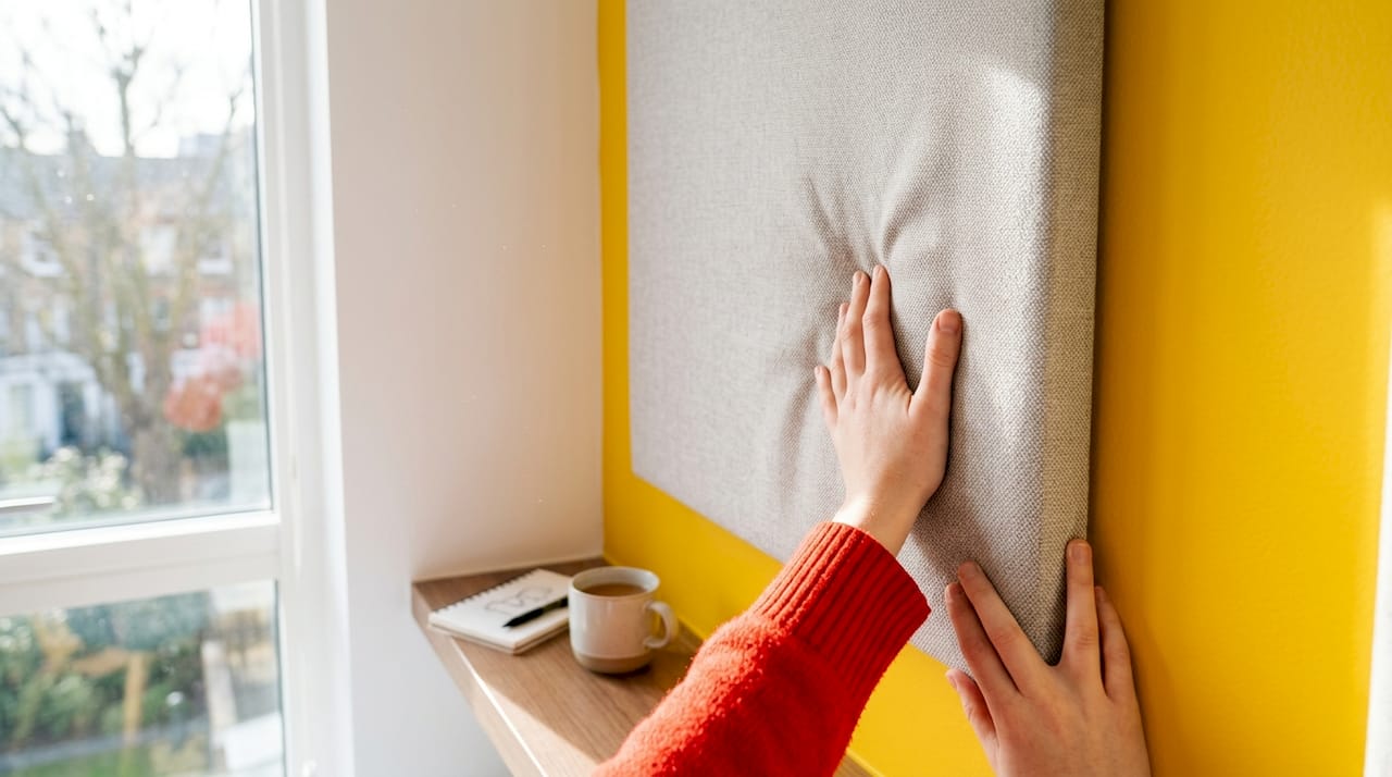 Hands testing fabric acoustic panel texture