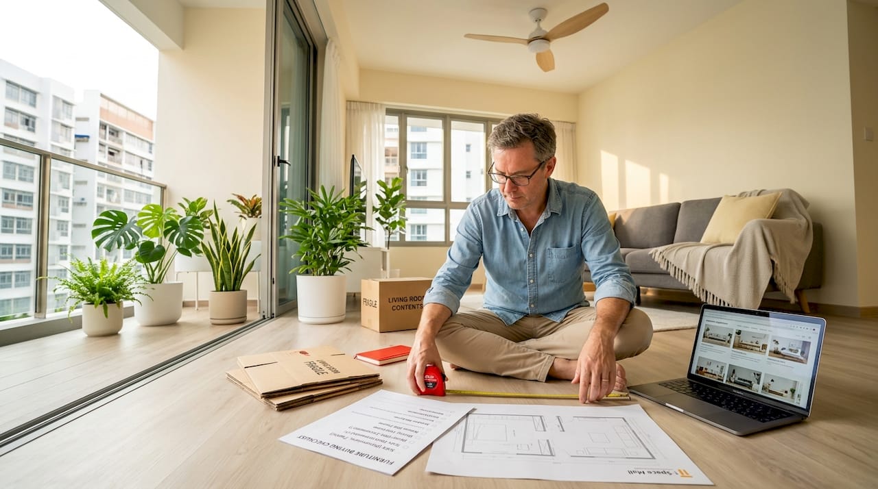 Man reviewing furniture buying checklist on floor