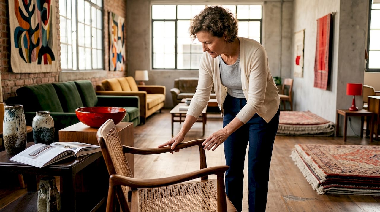 Woman inspecting wooden chair in furniture store