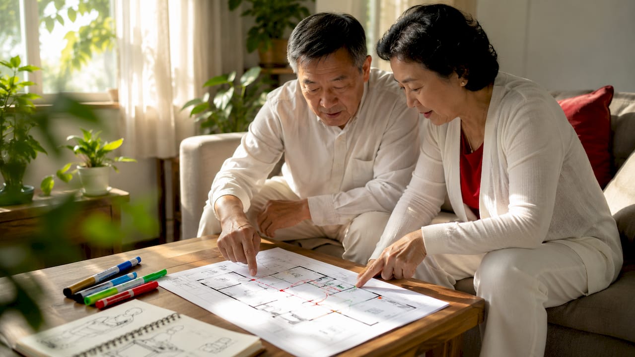 Couple planning home workflow on floorplan at kitchen table