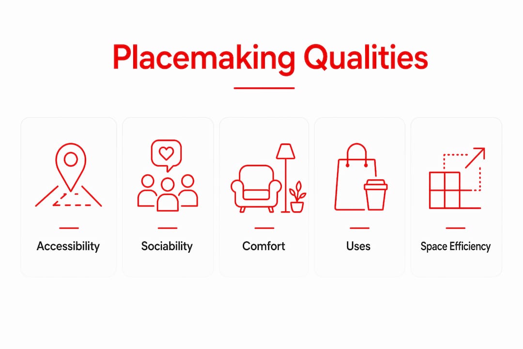 Infographic illustrating key placemaking design qualities