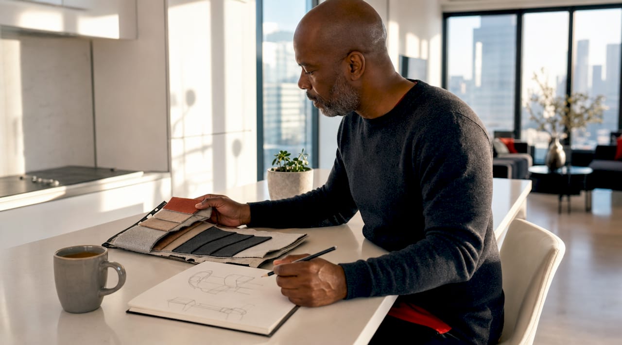 Man selecting fabric samples for minimal furniture