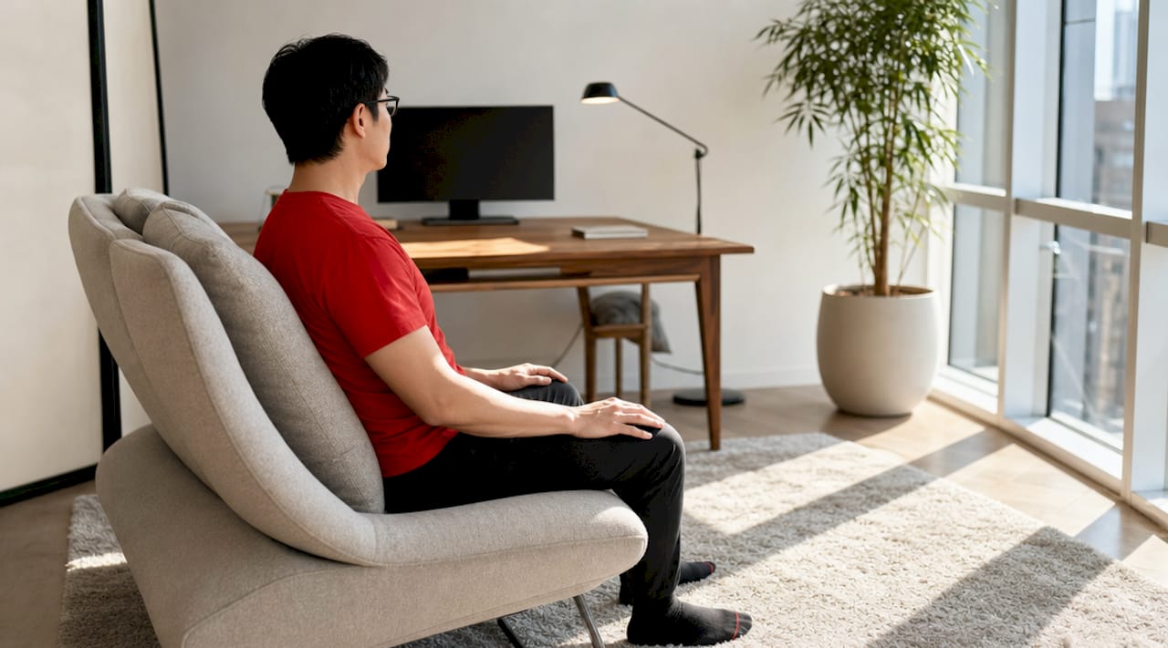 Man sitting on ergonomic sofa testing comfort