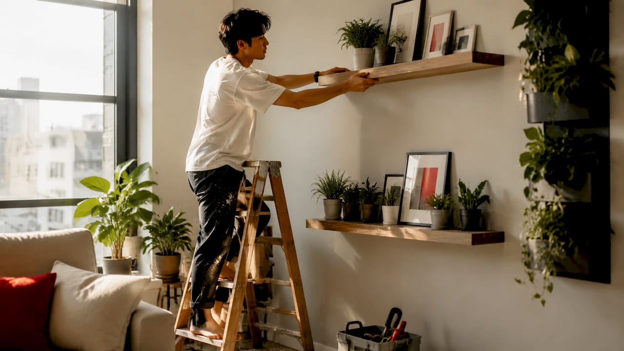 Man installing floating shelves in small apartment