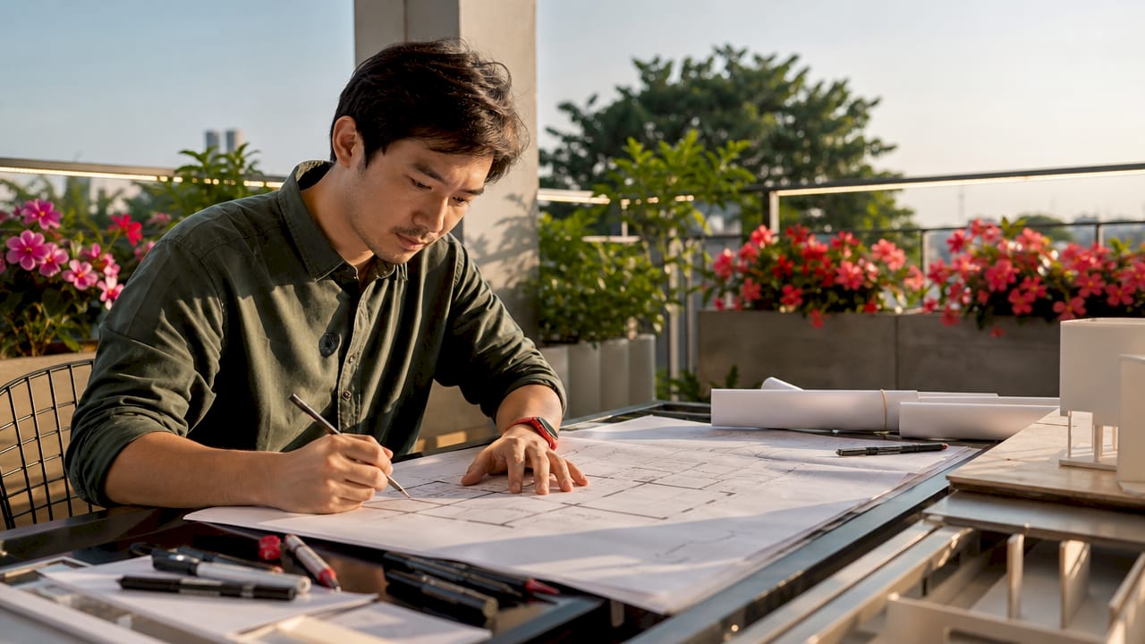 Designer reviewing blueprints by sunny window