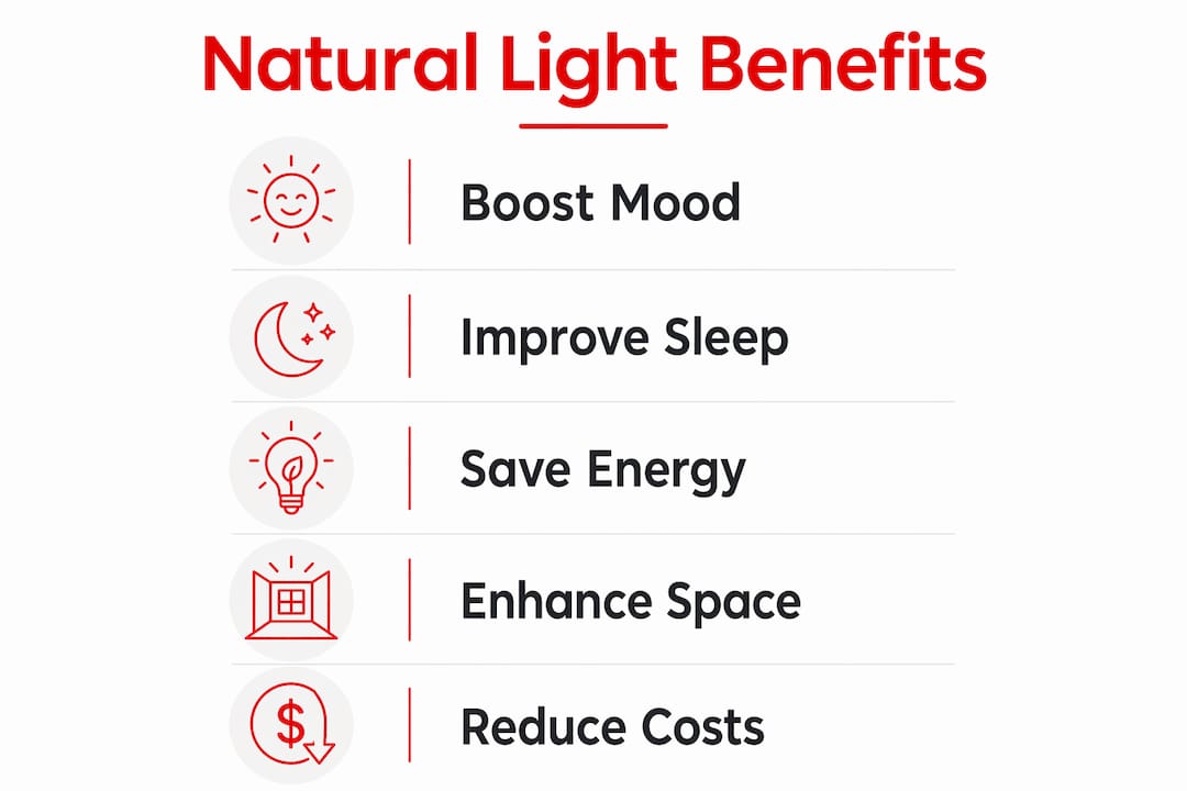 Infographic illustrating natural light benefits and strategies