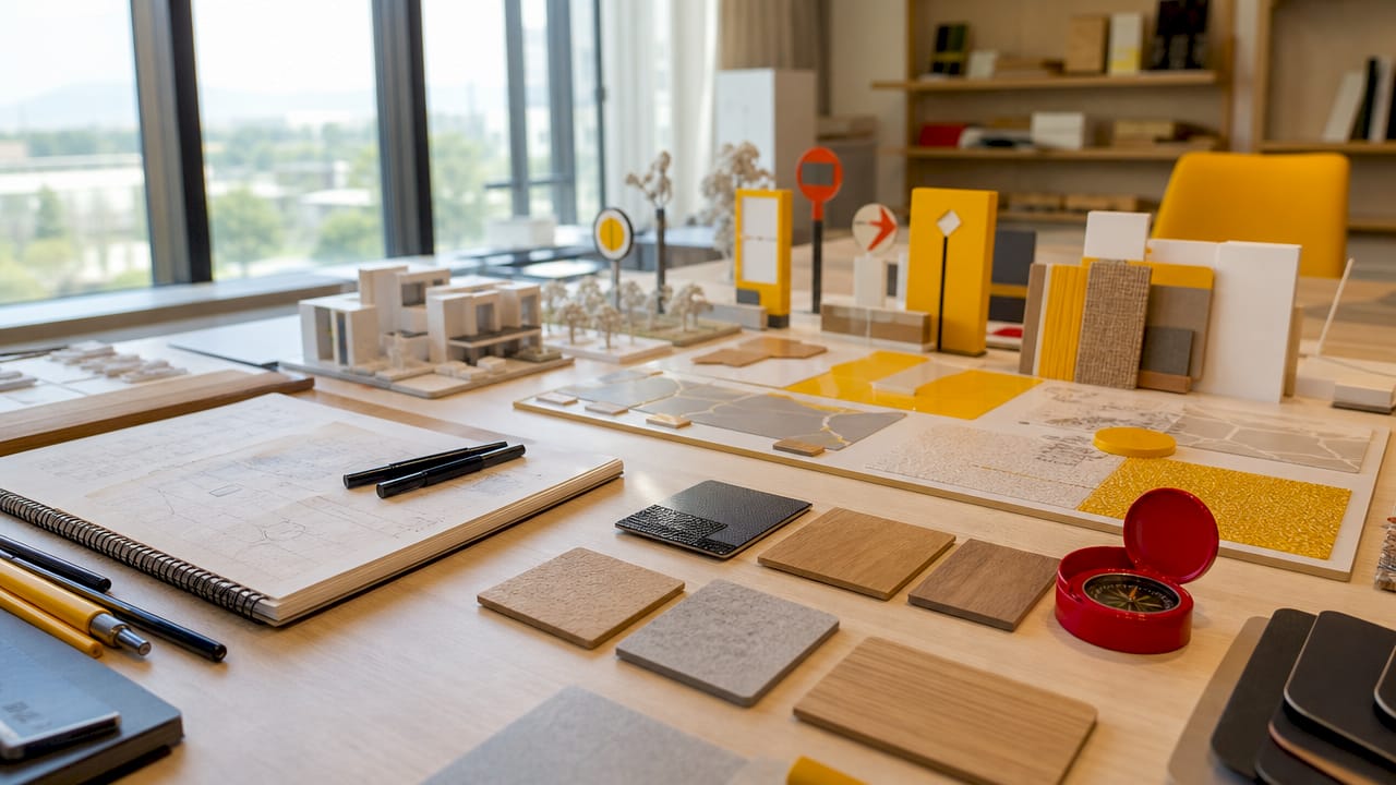 Flat lay of wayfinding design tools and materials