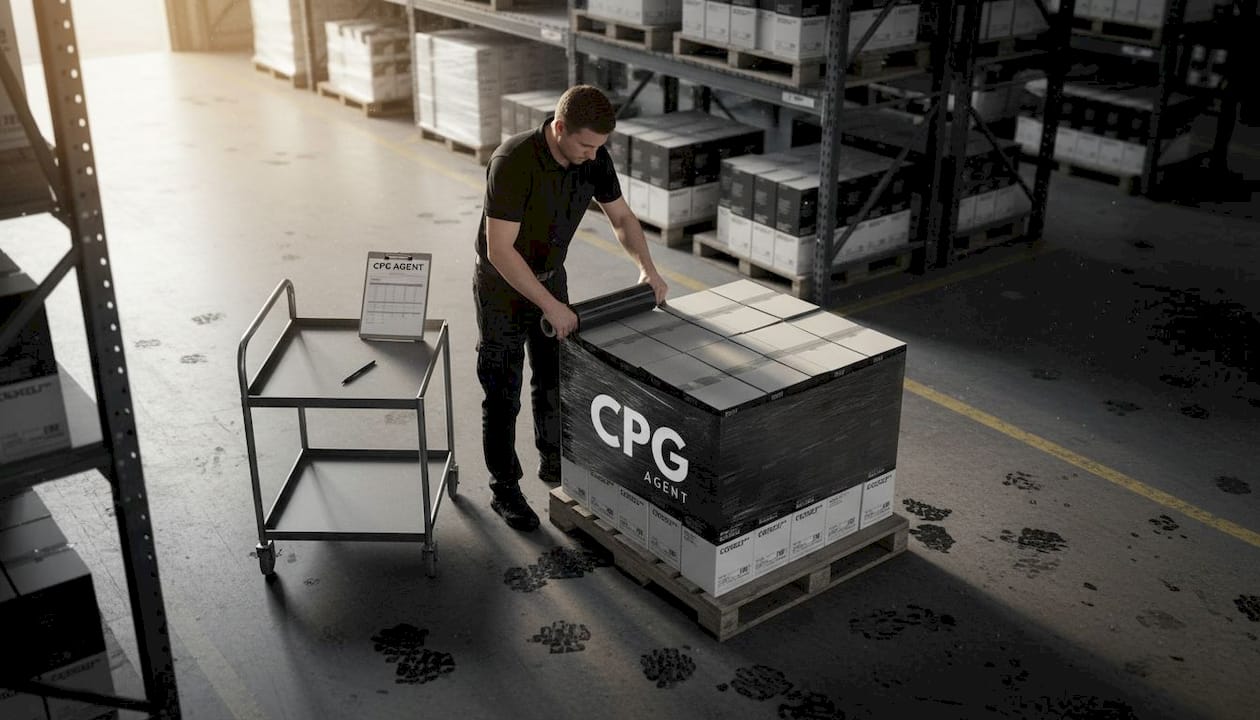 Worker handles CPG goods in warehouse setting