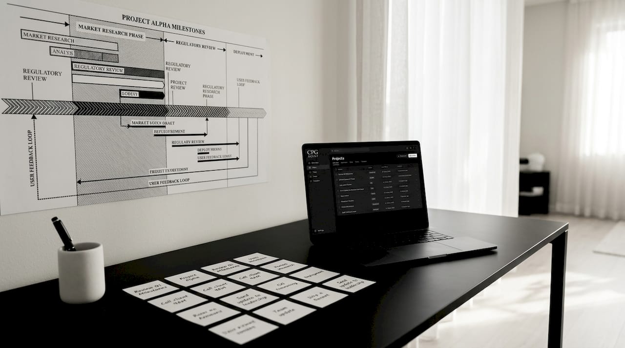 Close-up of visual brand roadmap on corkboard