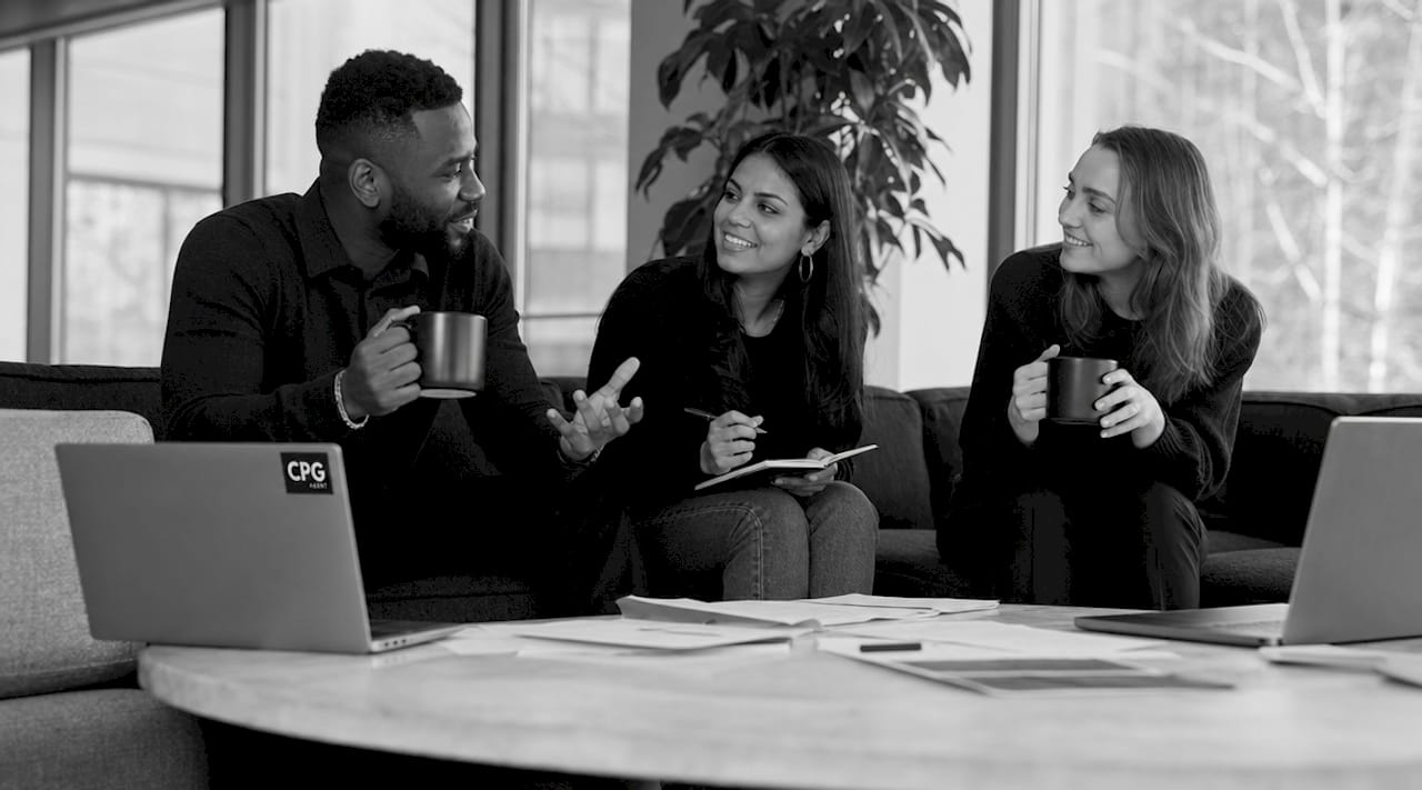 Marketing team collaborating on brand strategy