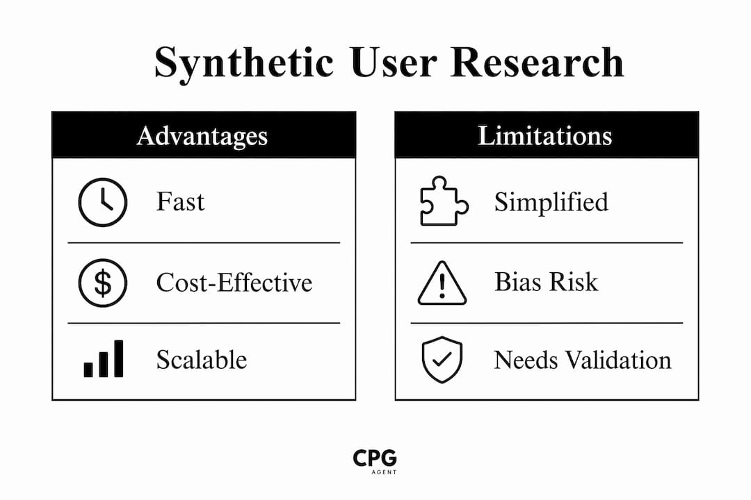 Infographic contrasting advantages and limitations of synthetic user research