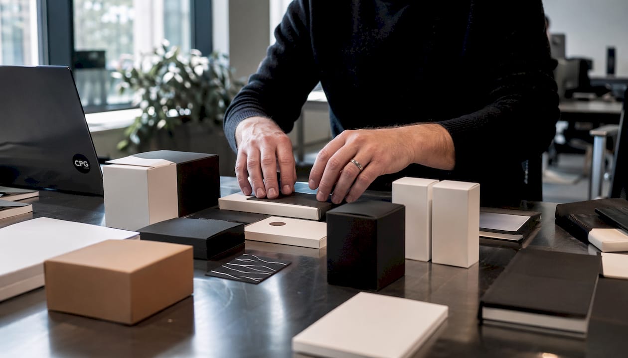 Hands sorting diverse brand packaging on desk