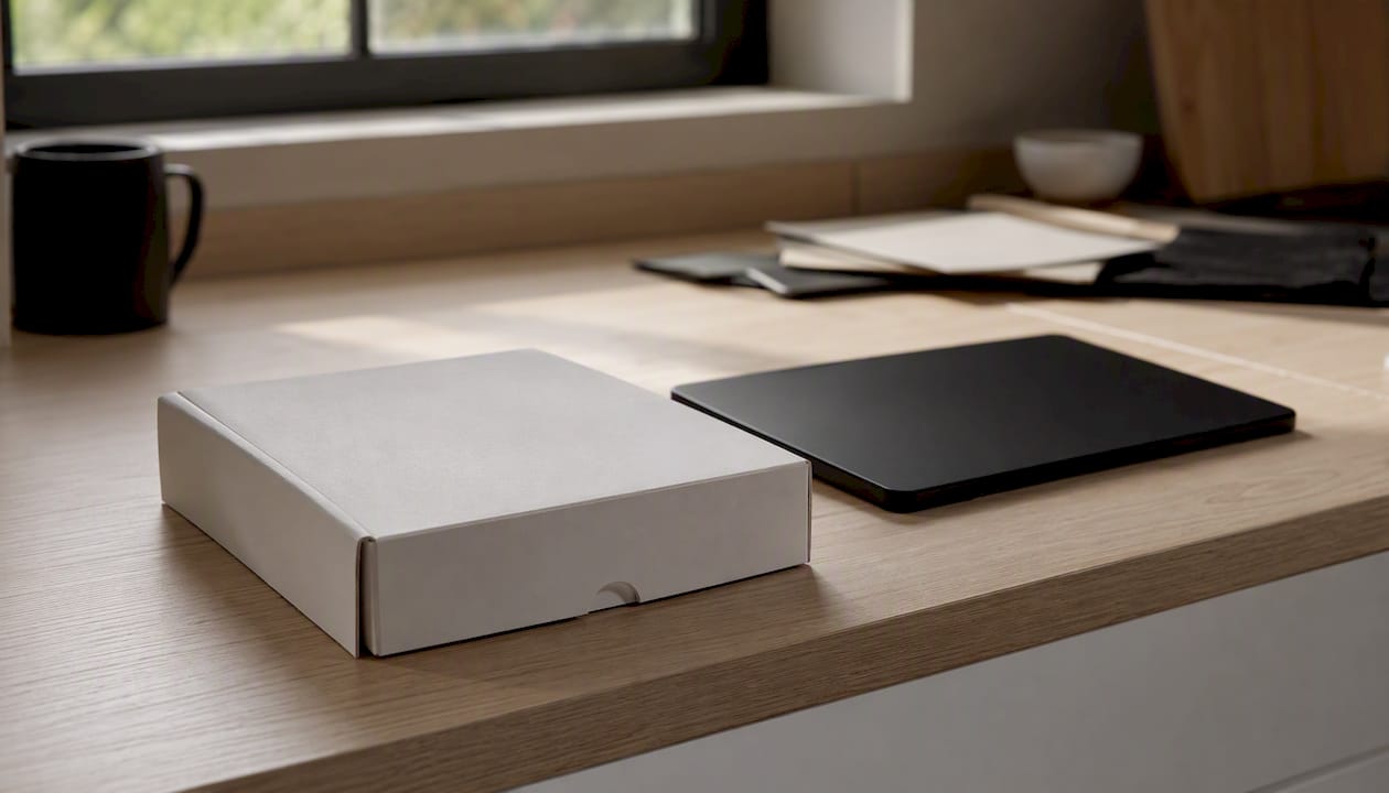 Physical and digital FMCG packaging prototypes on table