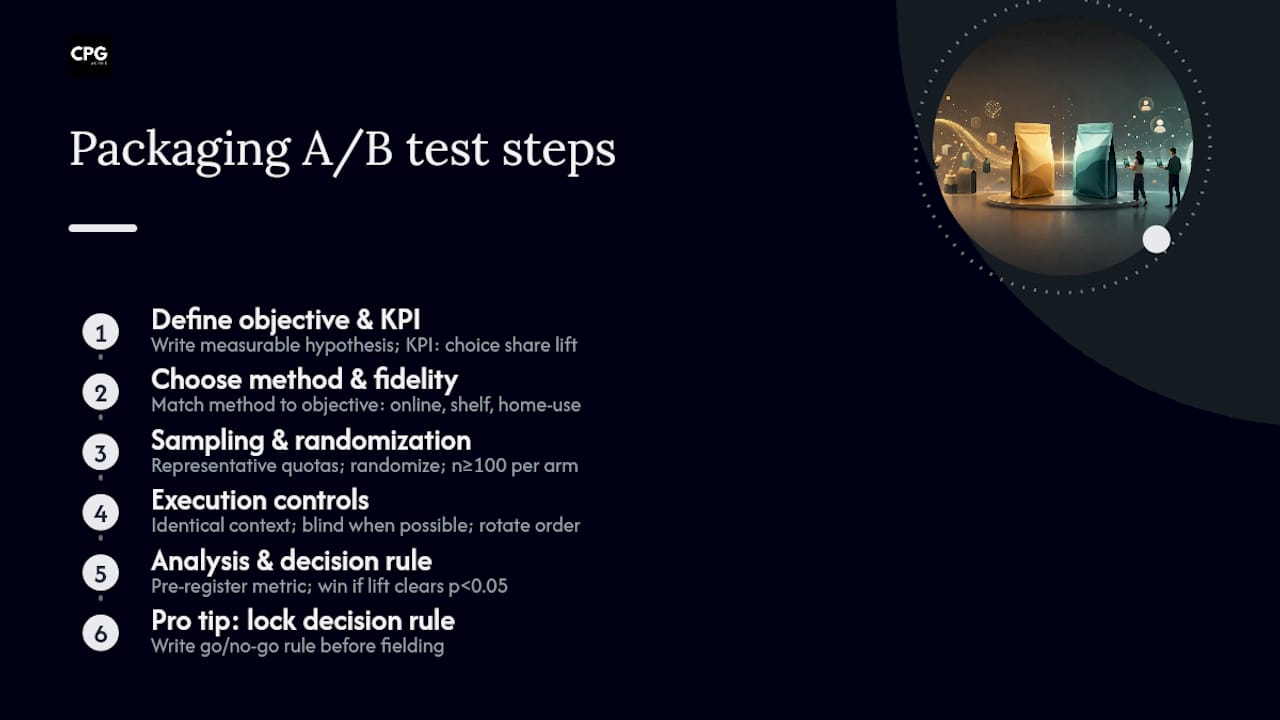 Five-step packaging A/B test process diagram