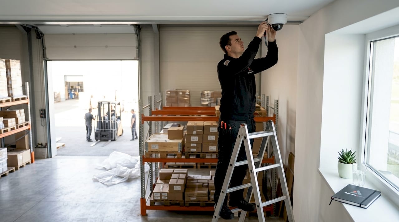 Un technicien procède à l’installation d’une caméra de surveillance au cœur d’un entrepôt en pleine activité.