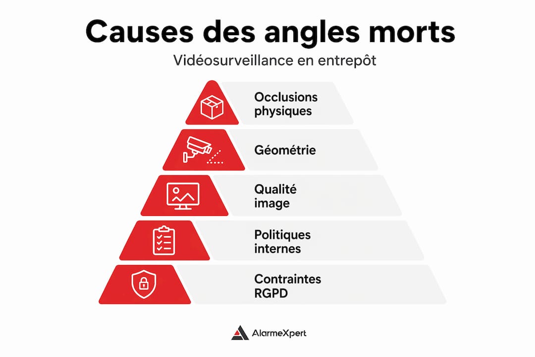 Infographie présentant les principales origines des angles morts, organisée selon leur importance.