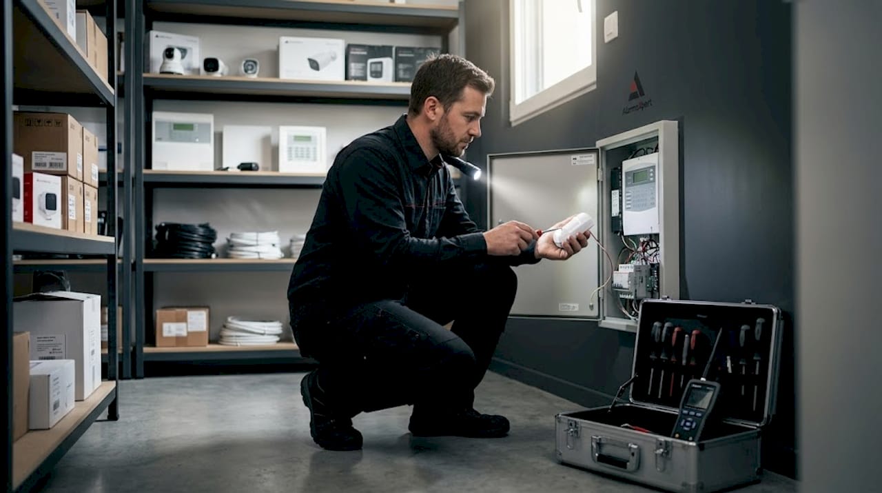 Un technicien procède à l’installation d’un détecteur radio sur la centrale d’alarme.