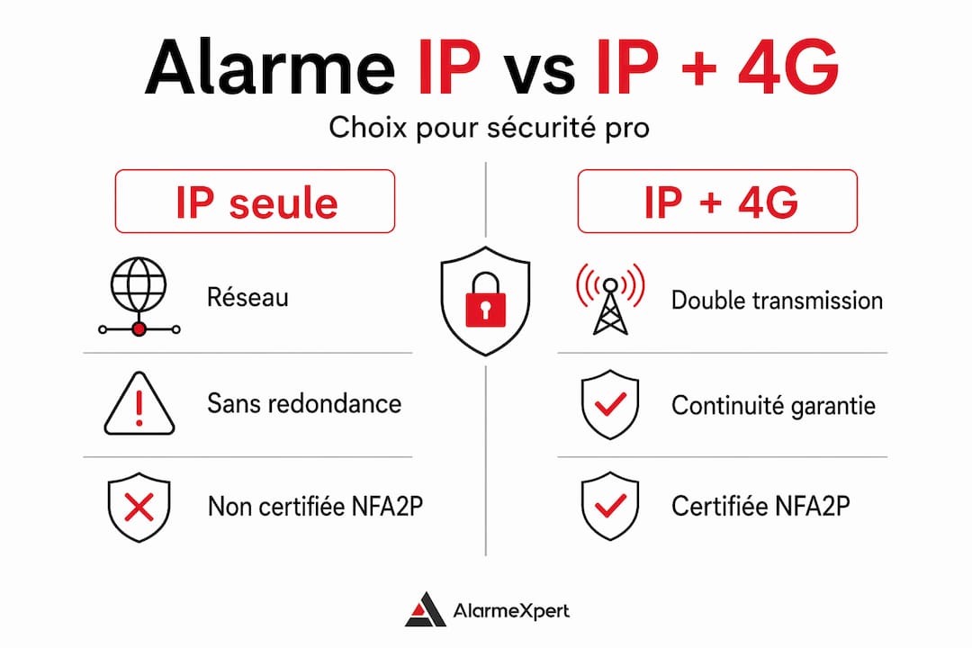 Infographie : comparaison entre une alarme connectée en IP et une alarme IP équipée de la 4G