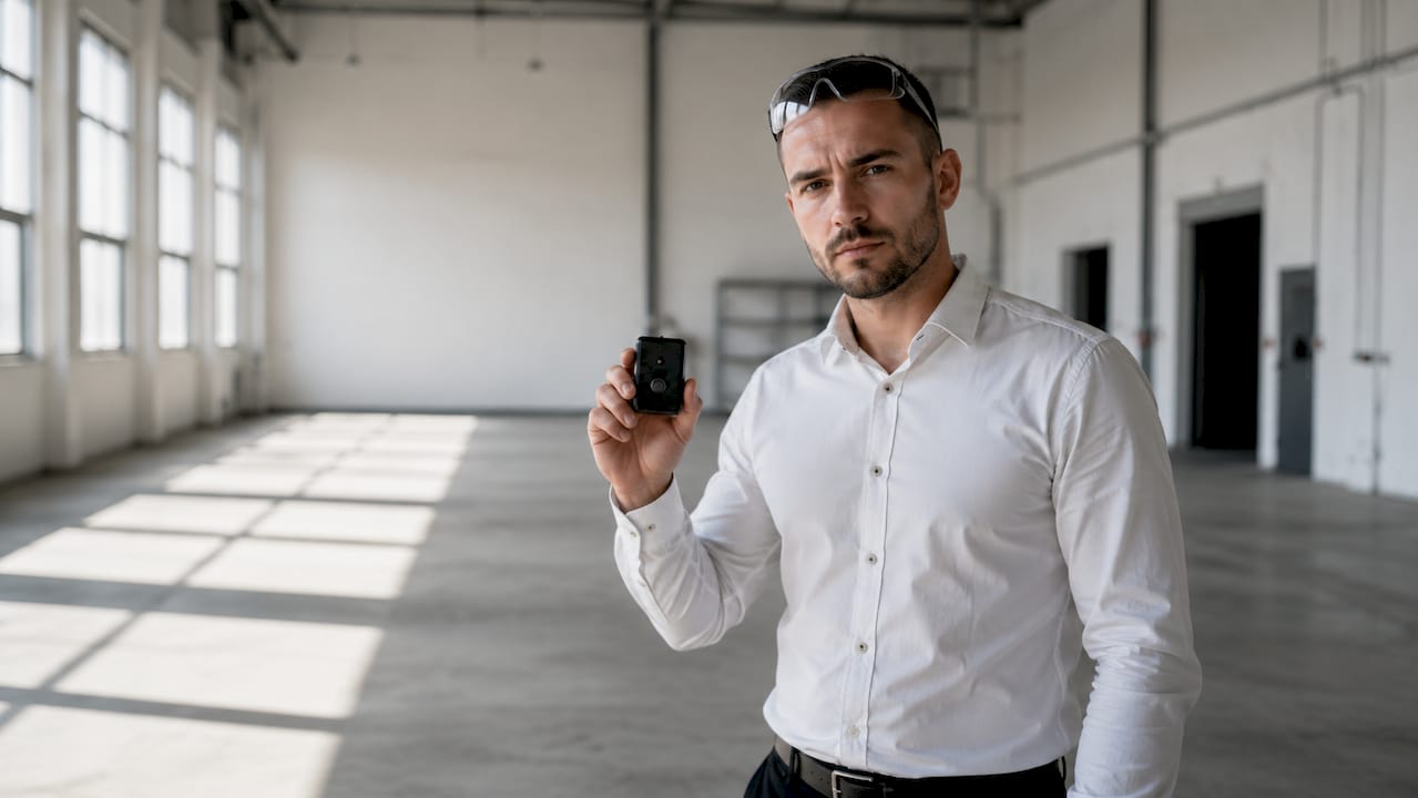 Un ingénieur présente dans ses mains un dispositif d’alarme anti-sabotage.