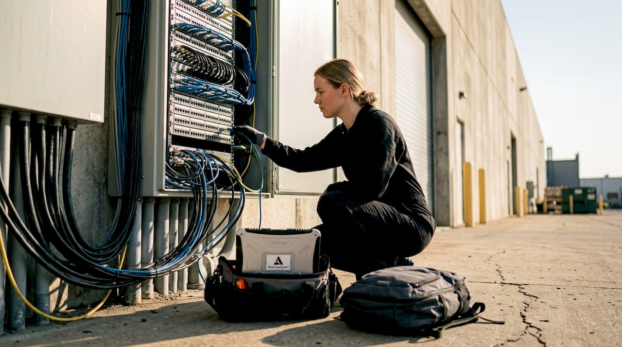 Une technicienne réseau en train de raccorder et d’installer les câbles d’un serveur SCADA.