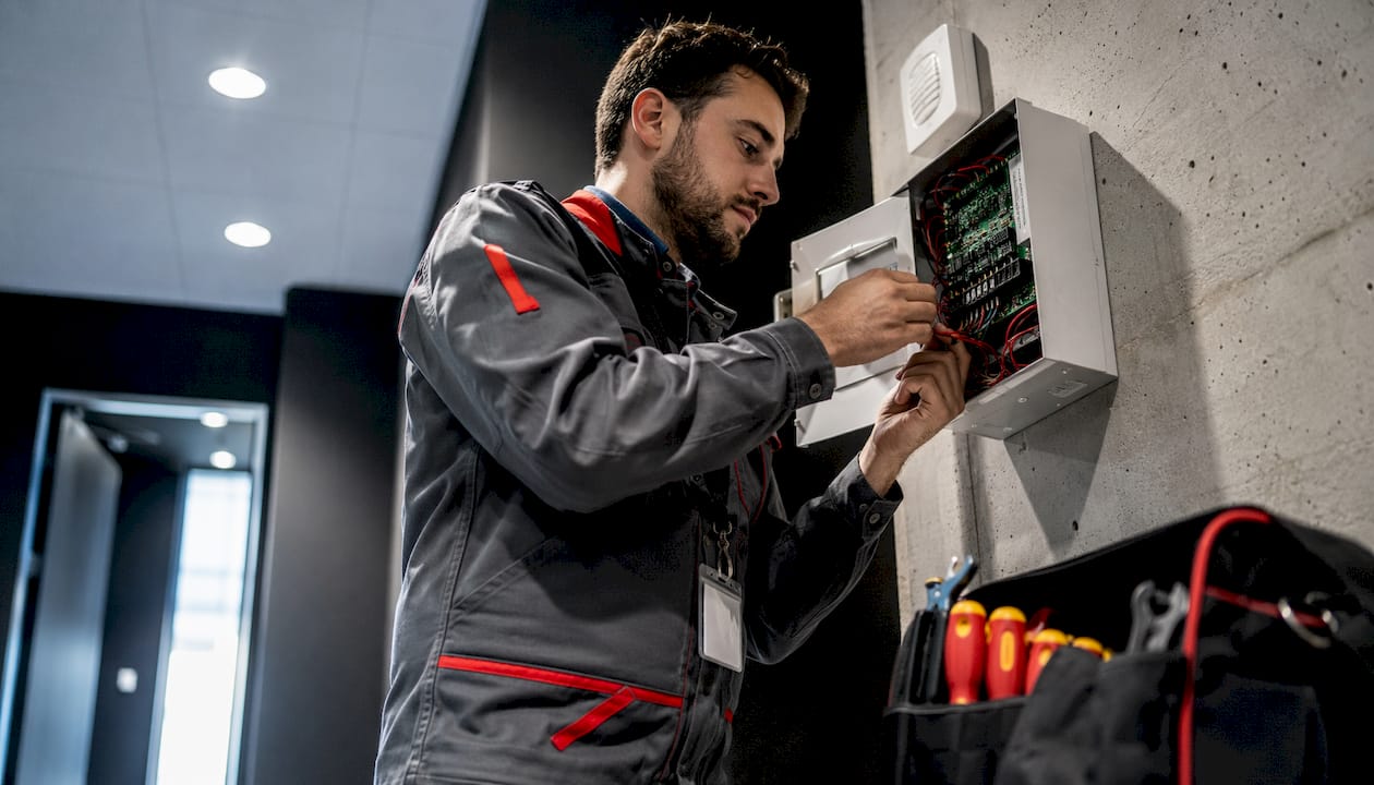 Un technicien spécialisé procède au réglage et à la mise en service du système d’alarme dans les locaux de l’entreprise.
