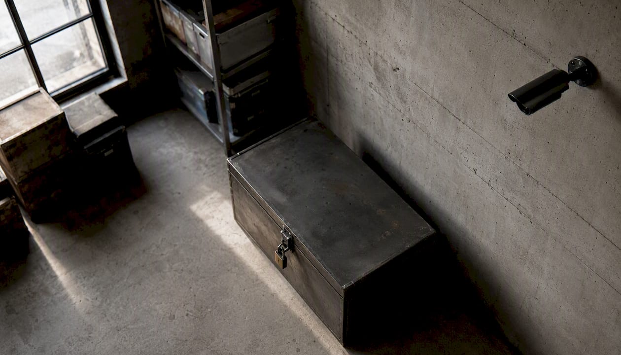 Armoire d’atelier fermée à clé, sous surveillance vidéo.