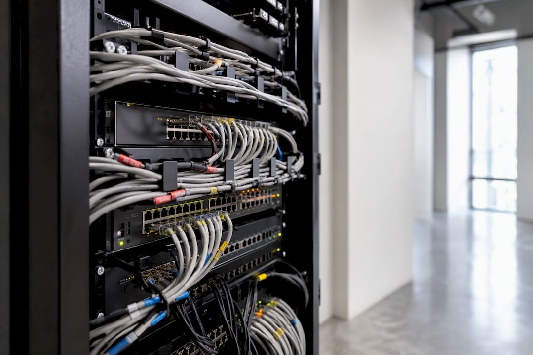 Switchs PoE et câbles Ethernet dans une baie de serveurs