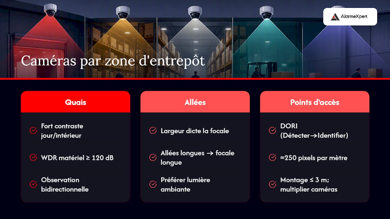 Planifier les caméras par zone d'entrepôt : quelle caméra, quelle hauteur — overview diagram