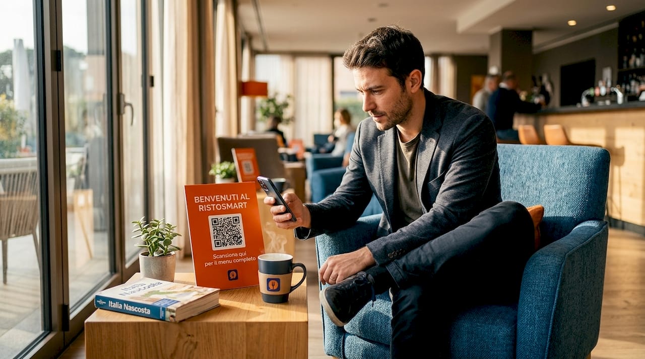 Un ospite dell’hotel inquadra il QR code per consultare il menu direttamente dal proprio smartphone.