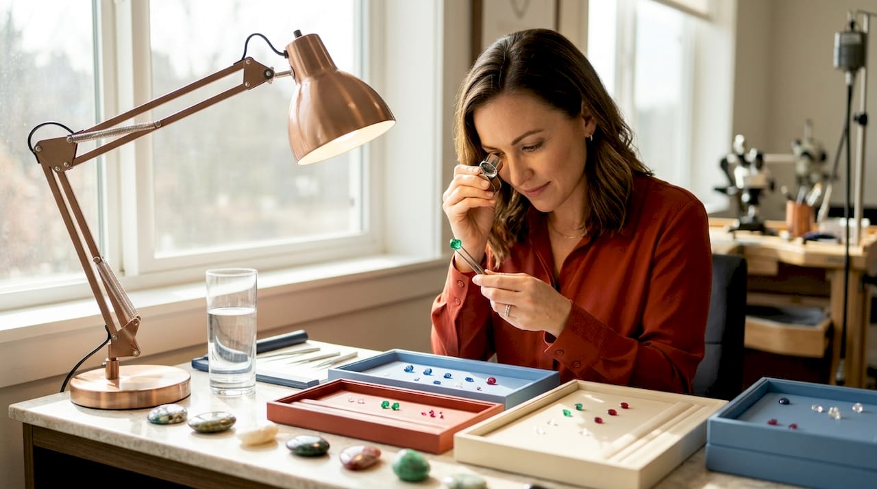 Gemologist inspects gemstones at lab table