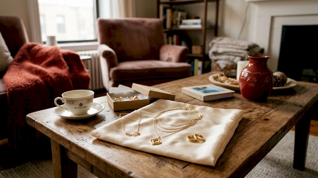 Gold vermeil jewelry arranged on a linen cloth