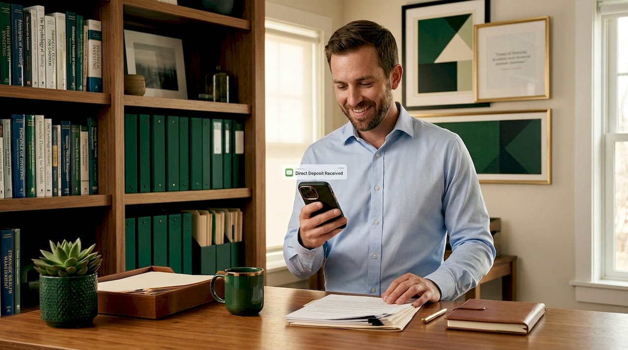Man checking direct deposit notification in shared office