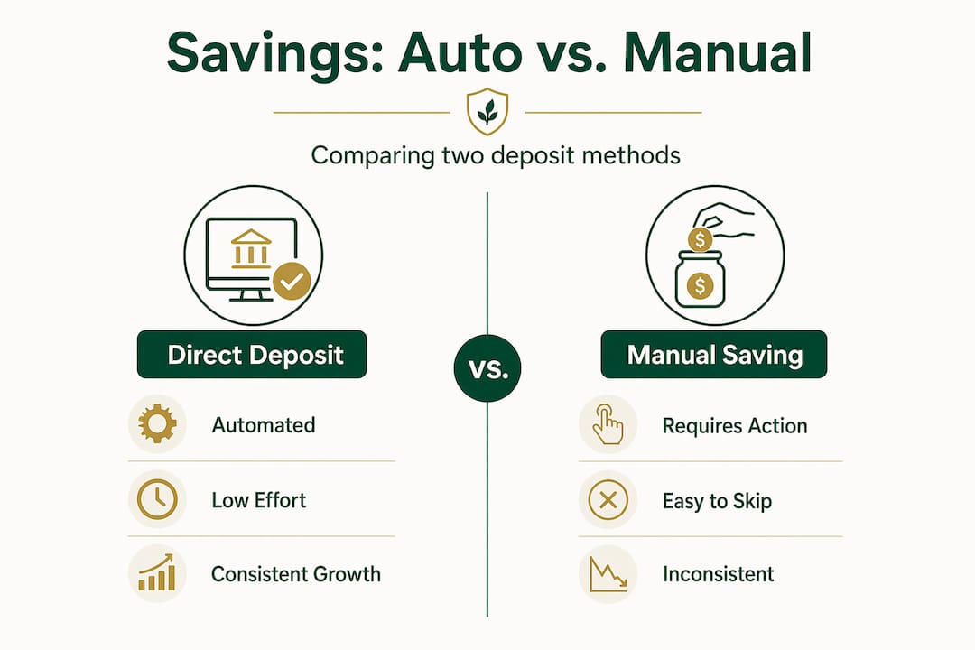 Infographic comparing direct deposit and manual saving methods