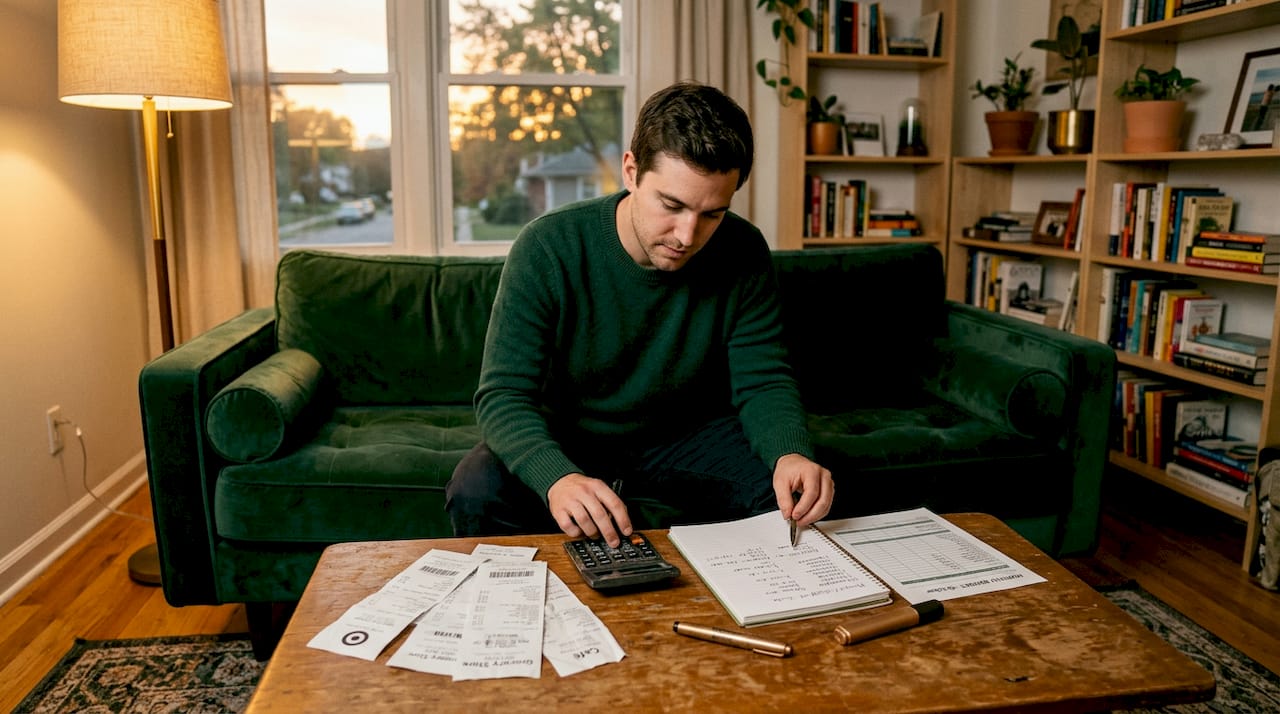 Man calculating budget on couch with bills and calculator