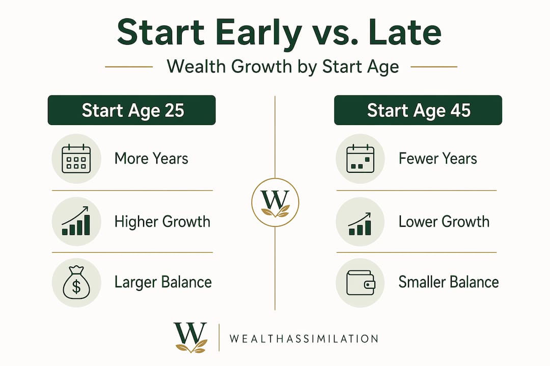 Split infographic comparing early versus late investing outcomes