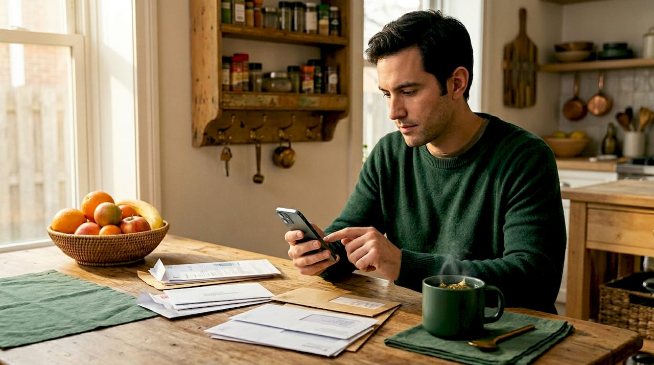 Man paying bills on phone at kitchen table