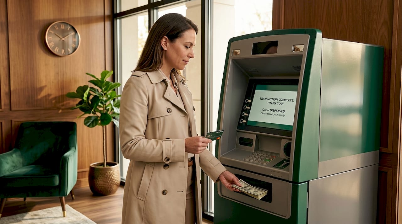 Woman withdrawing cash at credit union ATM