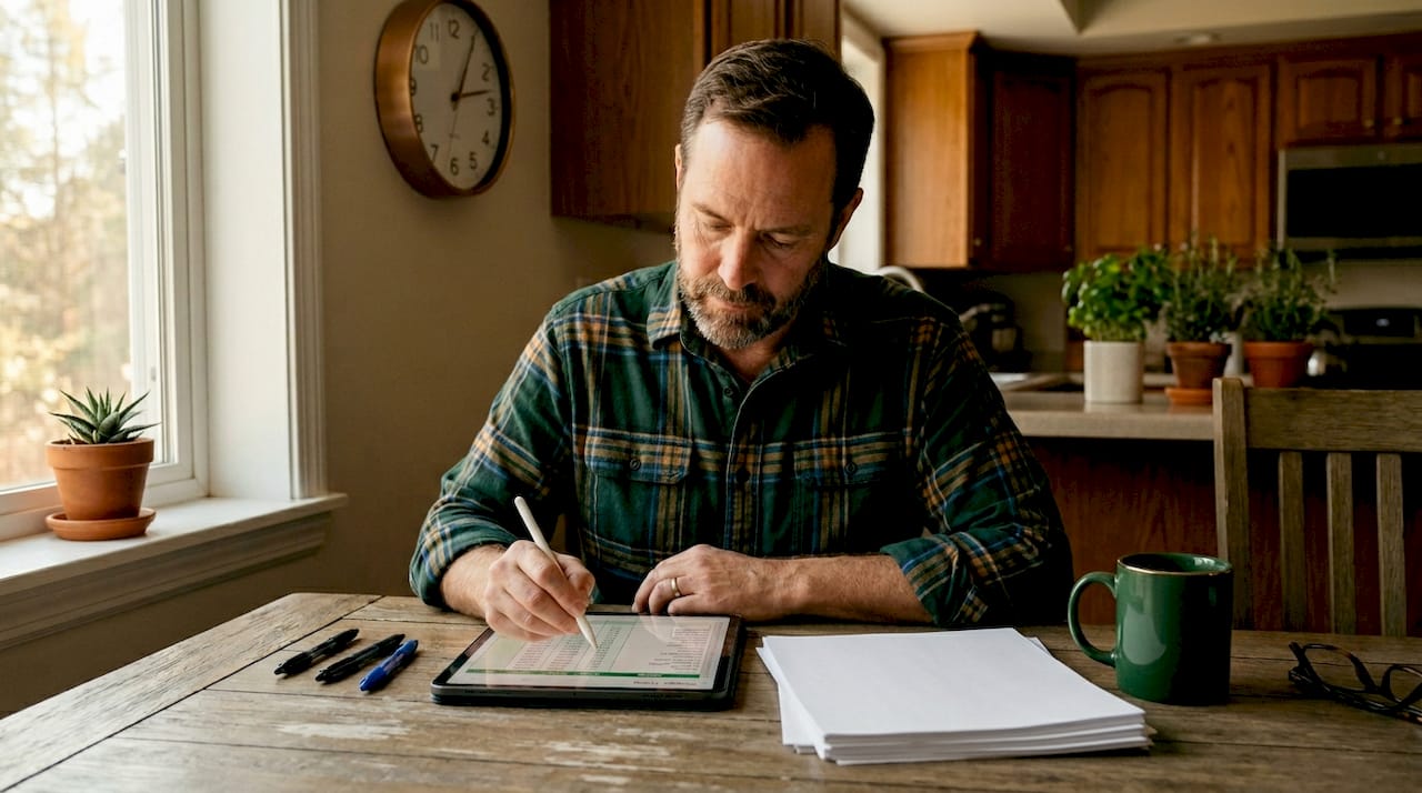 Man entering net worth in kitchen spreadsheet