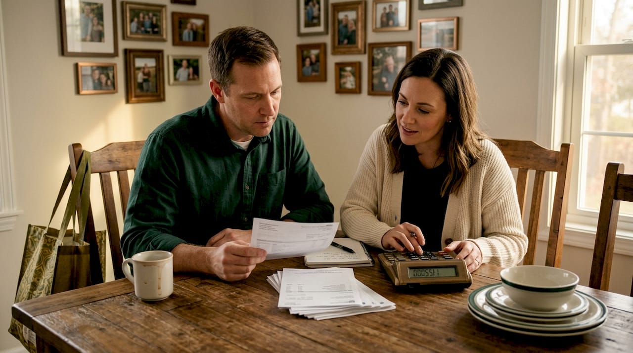 Couple reviewing finances at kitchen table