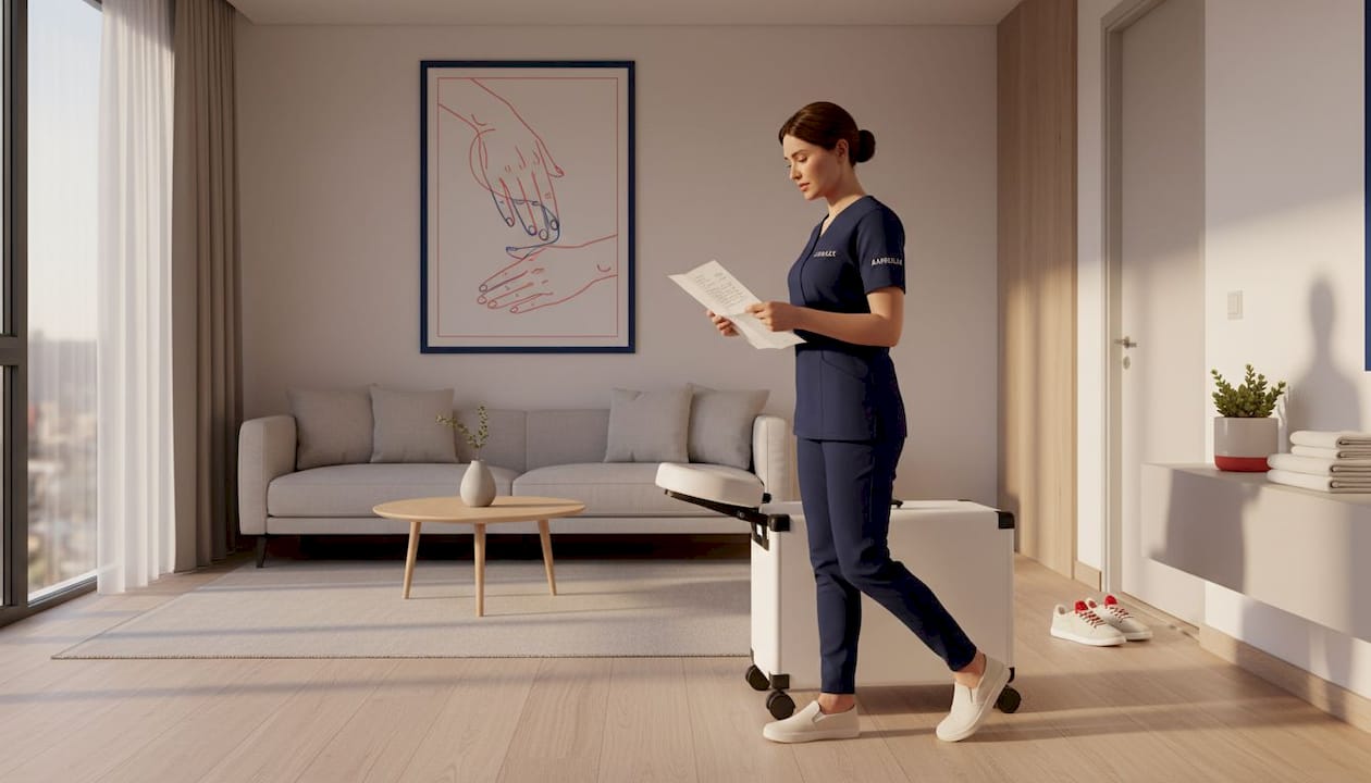 Massage therapist prepares for evening home visit