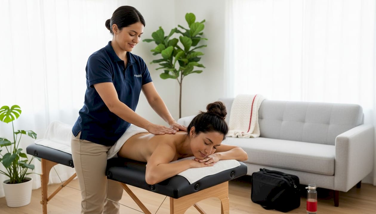 Woman receiving mobile massage in sunlit Airbnb living room