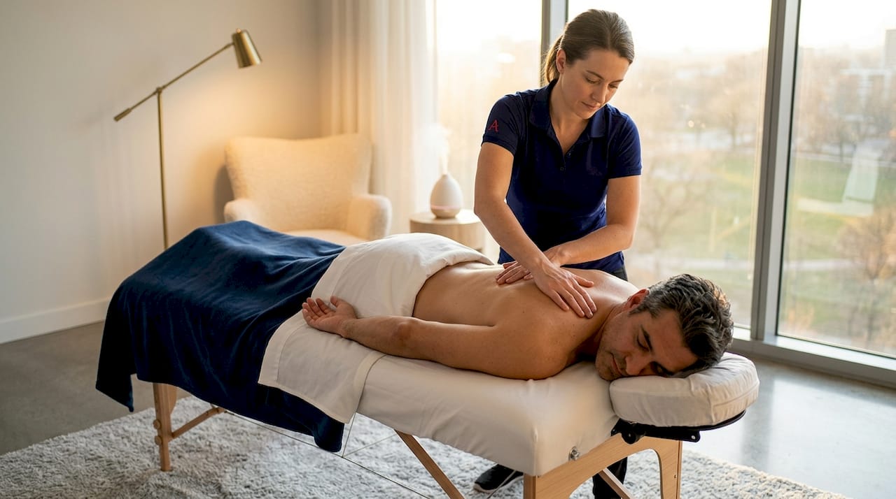 Massage therapist working with client at home