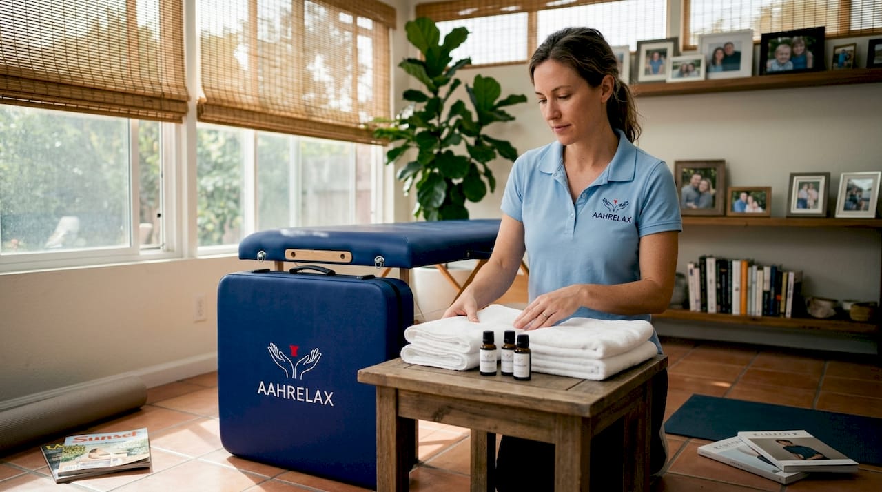 Therapist sets up massage table at client’s home
