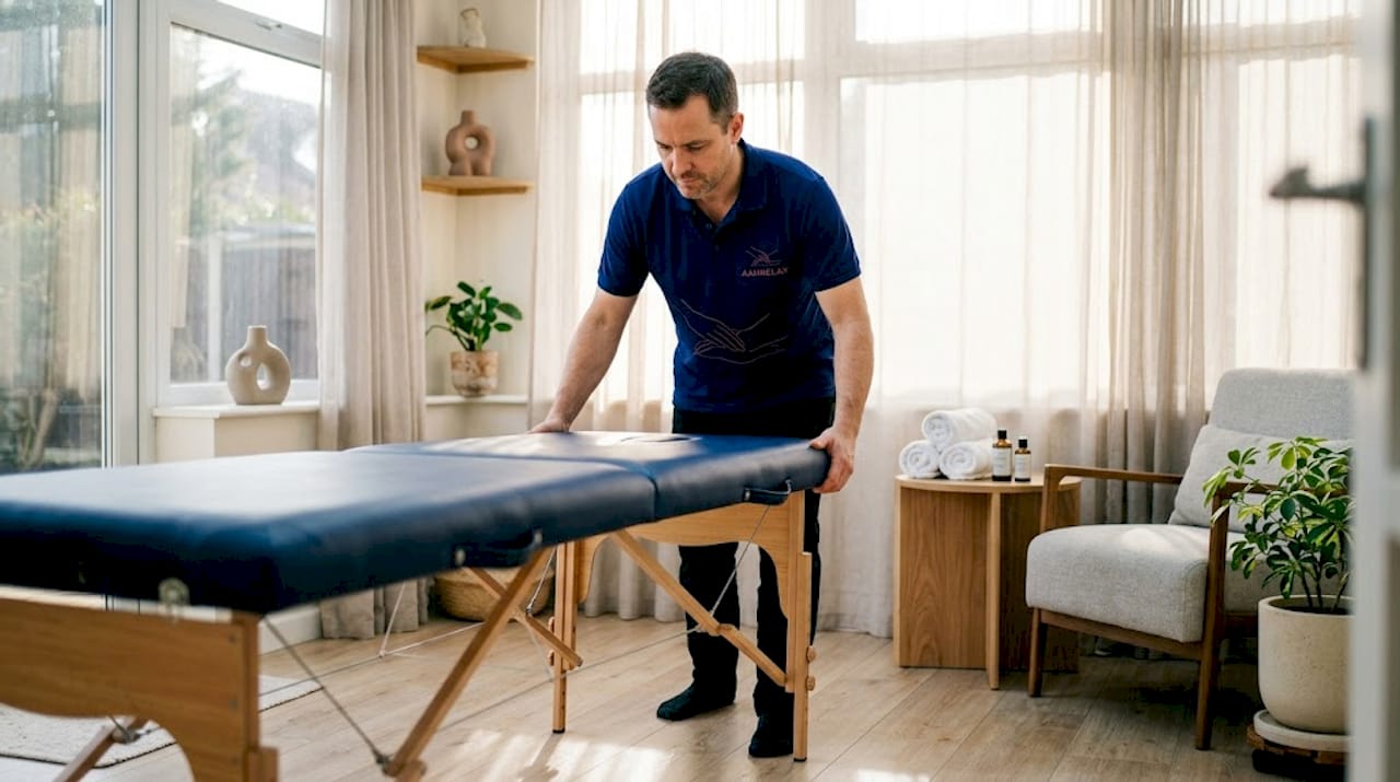Massage therapist setting up in client’s living room