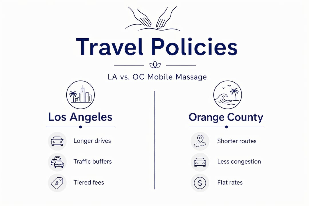 Infographic contrasting LA and OC massage travel policies
