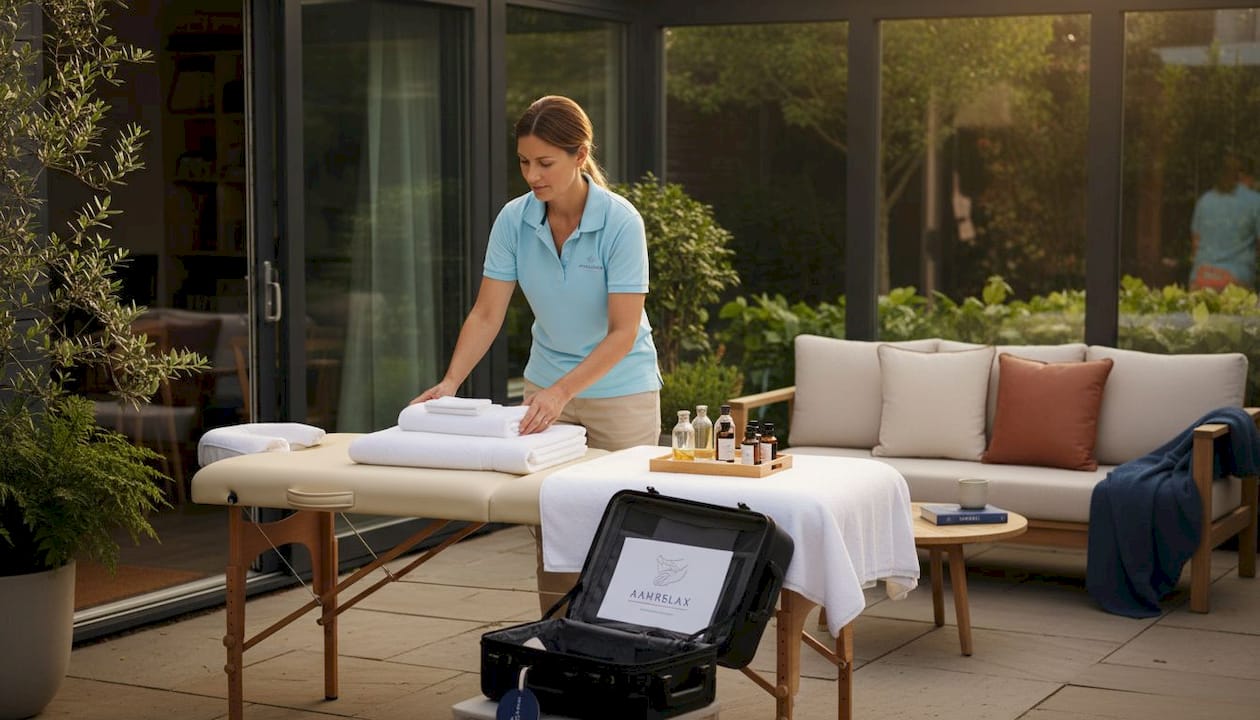 Mobile spa therapist setting up in vacation rental