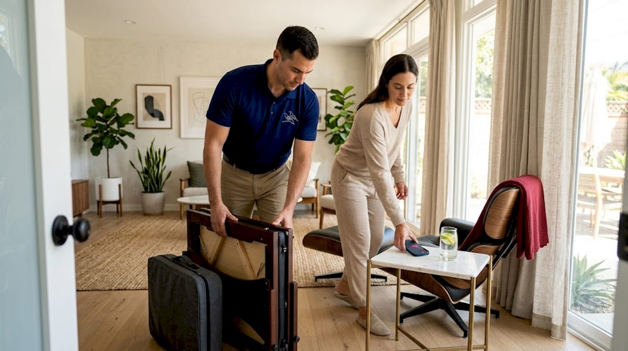 Massage therapist setting up table in home