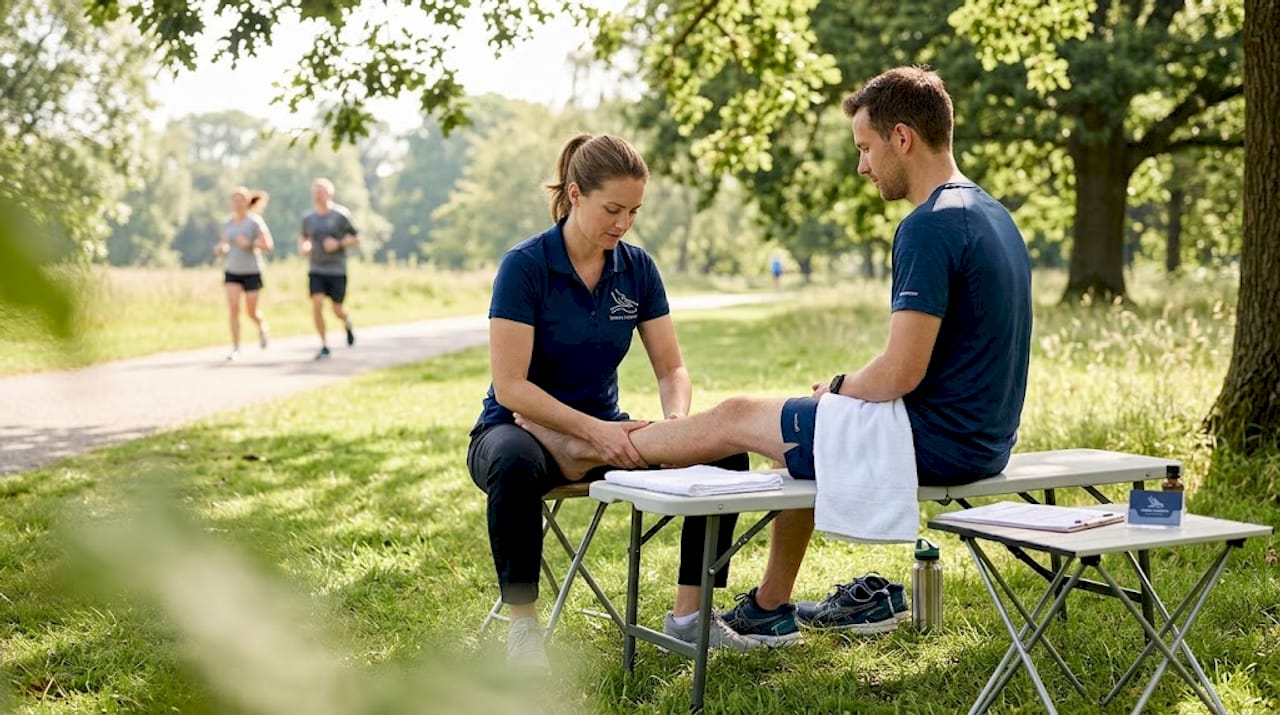 Therapist massaging runner’s calf in clinic